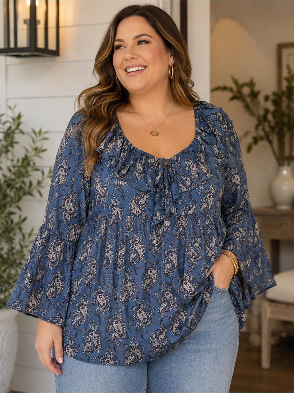 NWT Weekend Suzanne Betro 1X Blue Paisley Ruffle Tie Front Babydoll Blouse Boho
